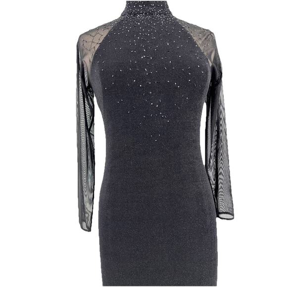 90s Vtg Black Sheer Sleeve Beaded Shimmer Fitted Maxi Dress Goth Whimsigoth 8 - Picture 5 of 15